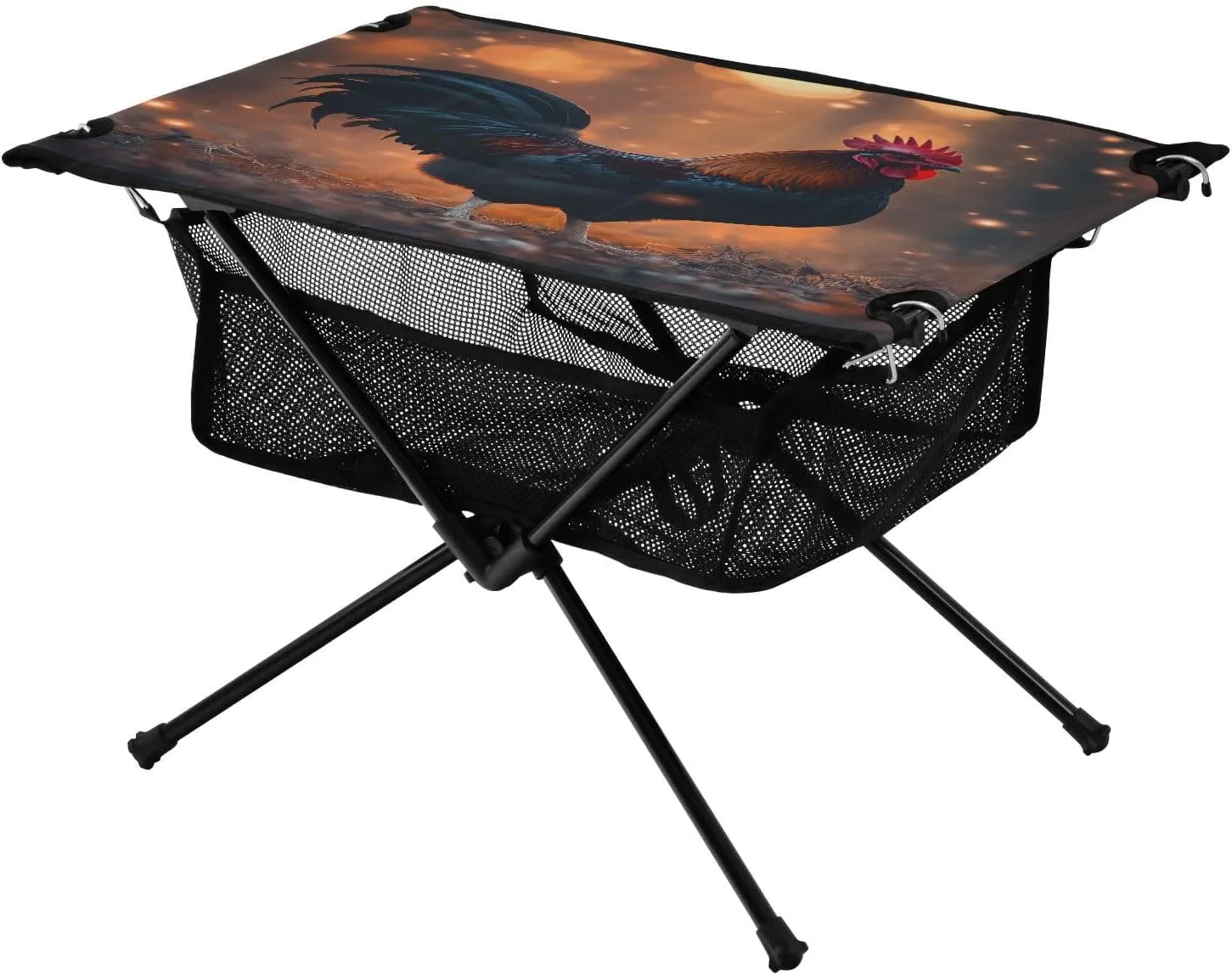 Camping Table Lightweight Portable Folding Table with Mesh Storage Net Black Rooster Chicken Ideal for Camping Hiking Beach Picnic Travel Backyard