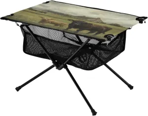 Camping Table Lightweight Portable Folding Table with Mesh Storage Net Cattle Cow Overcast Sky Ideal for Camping Hiking Beach Picnic Travel Backyard