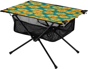 Camping Table Lightweight Portable Folding Table with Mesh Storage Net Green Sunflowers Ideal for Camping Hiking Beach Picnic Travel Backyard