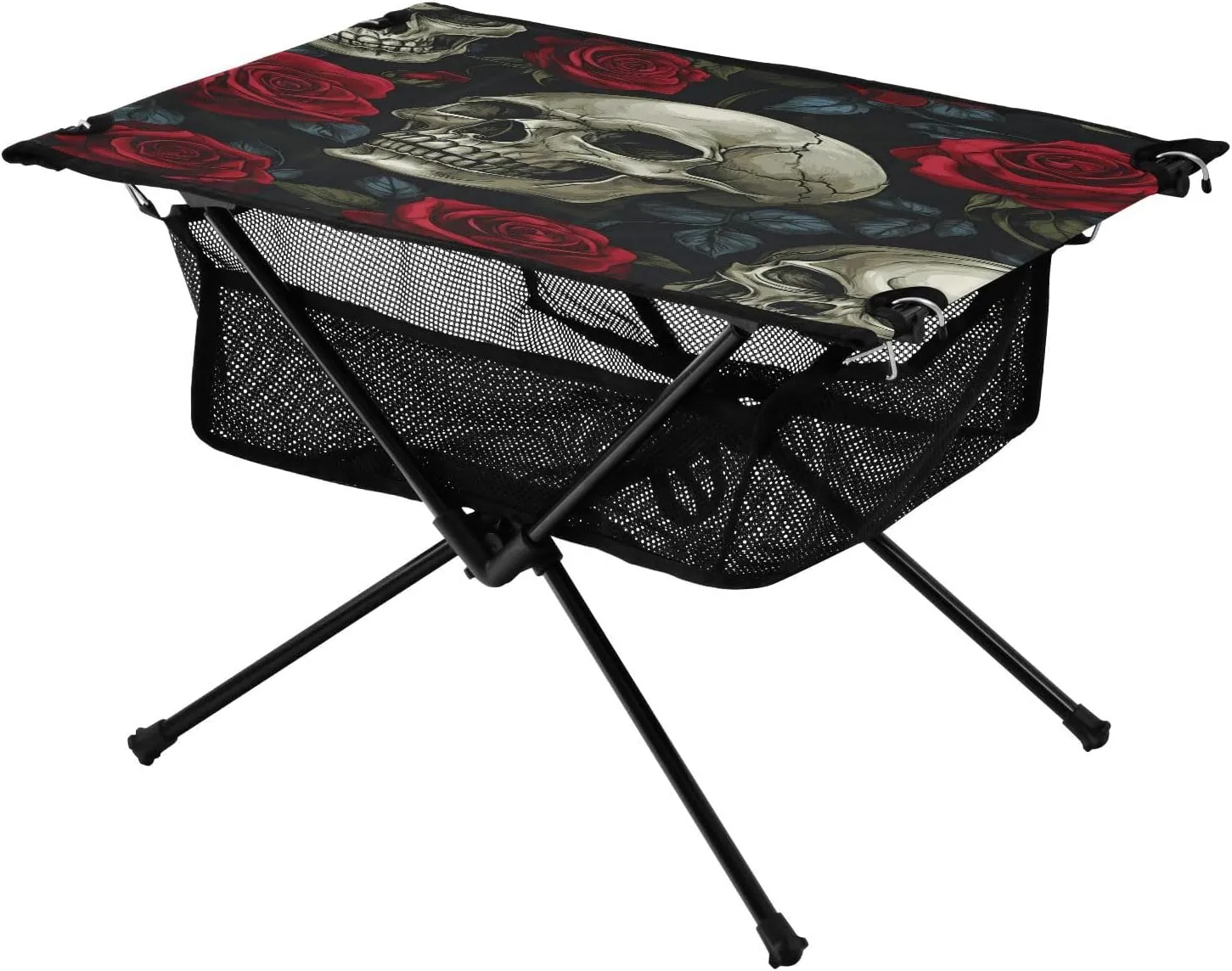 Camping Table Lightweight Portable Folding Table with Mesh Storage Net Red Rose Skull Ideal for Camping Hiking Beach Picnic Travel Backyard