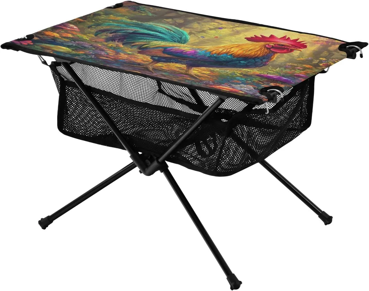 Camping Table Lightweight Portable Folding Table with Mesh Storage Net Rooster Chicken Mushroom Ideal for Camping Hiking Beach Picnic Travel Backyard