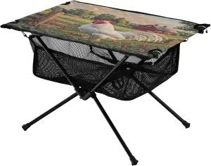 Camping Table Lightweight Portable Folding Table with Mesh Storage Net Rooster Chicken White Flowers Ideal for Camping Hiking Beach Picnic Travel Backyard