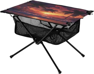 Camping Table Lightweight Portable Folding Table with Mesh Storage Net Tree Sunset Sea Ideal for Camping Hiking Beach Picnic Travel Backyard