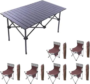 Camping Table with airs Set of 7, Portable Folding Table and Seats for 6 People, Picnic Aluminum Family Table air Set for Outdoor Garden Party