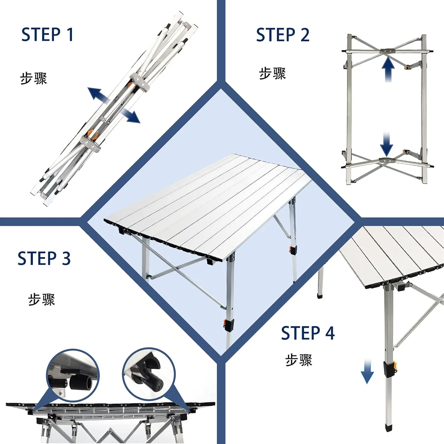 CampLand Aluminum Table Height Adjustable Folding Table Camping Outdoor Lightweight for Camping, Beach, Backyards, BBQ, Party