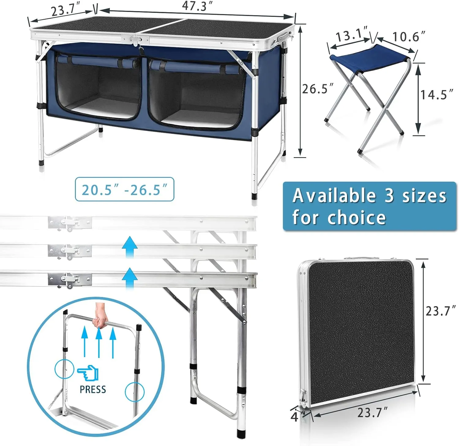 CampLand Outdoor Folding Table Aluminum Lightweight Height Adjustable with Storage Organizer for BBQ, Party, Camping