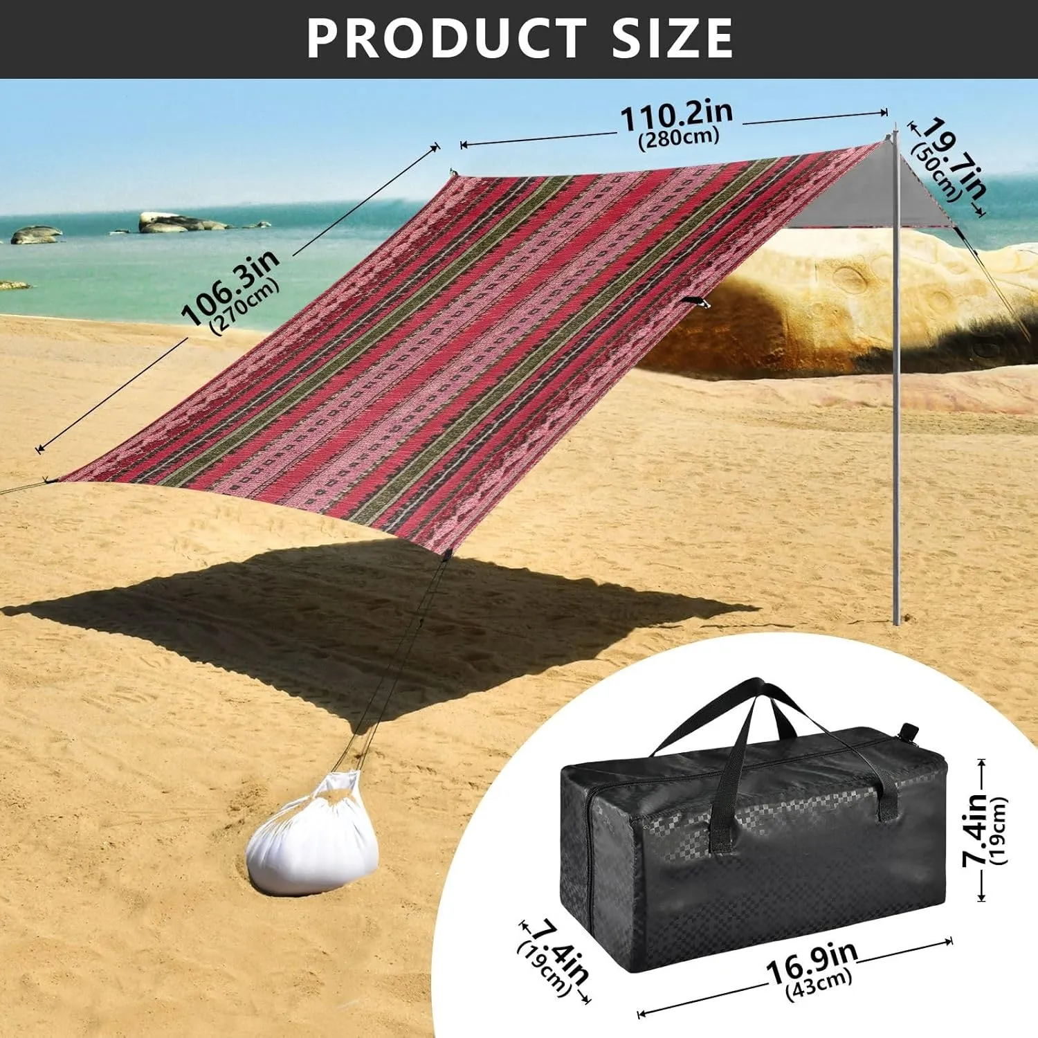 Canopy Tent Beach Area Ethnic Red Outdoor Sun Shade Patio 9.2 × 10.5 FT Pool Camping Sun Shelter Yard Sunshade with Poles Sandbags Easy