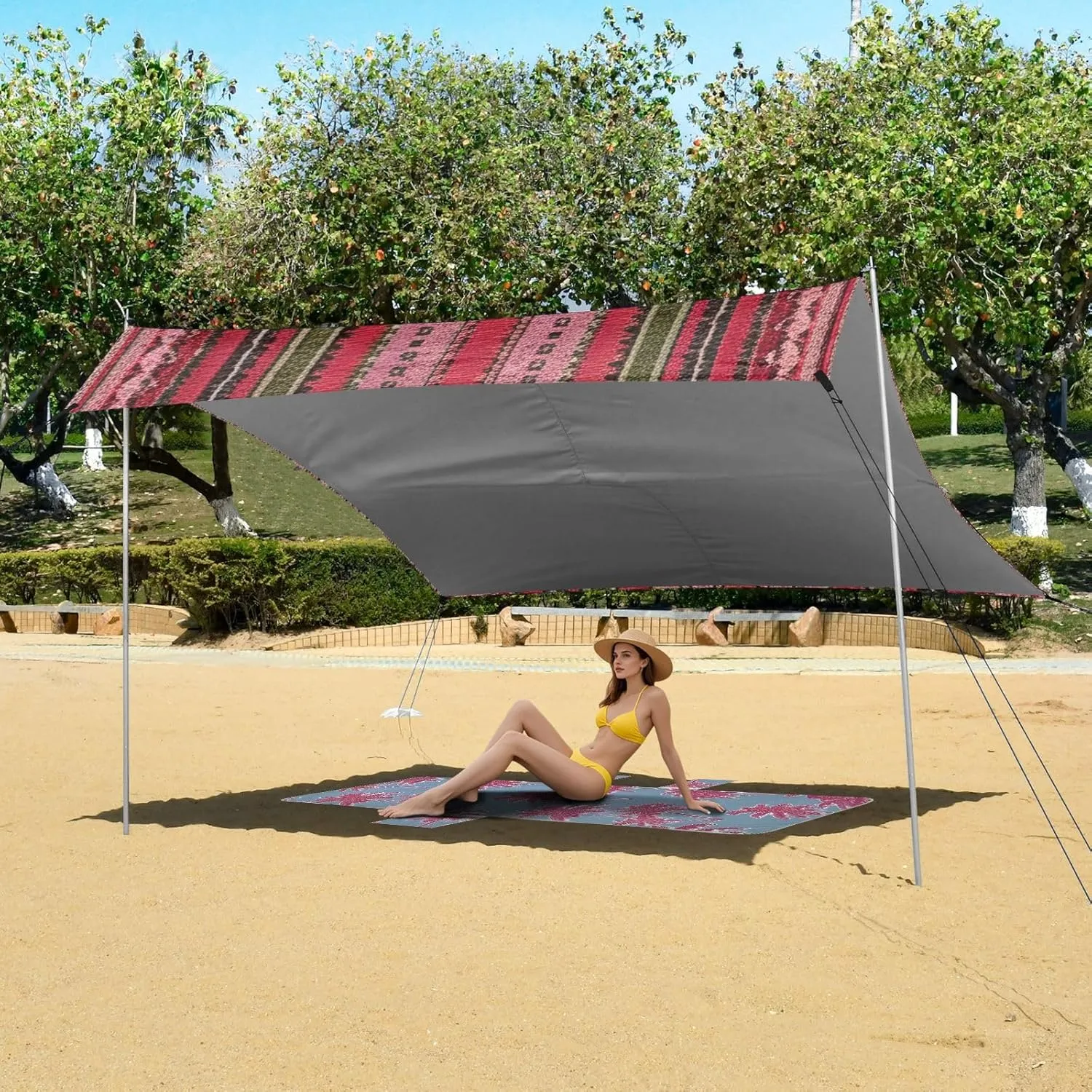 Canopy Tent Beach Area Ethnic Red Outdoor Sun Shade Patio 9.2 × 10.5 FT Pool Camping Sun Shelter Yard Sunshade with Poles Sandbags Easy