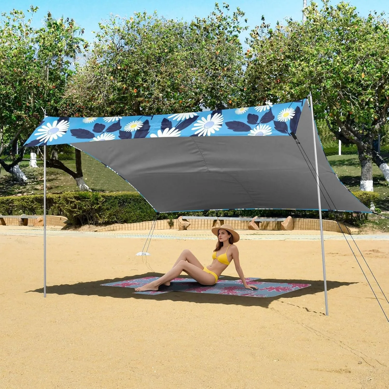 Canopy Tent Beach Outdoor Patio Sun Shade Kids Portable Camping Shelter with Sandbags Anchor Wind Sail Shade 9.2 × 10.5 FT Cute Daisy Blue