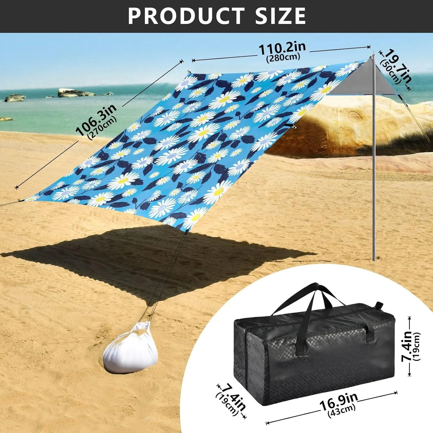 Canopy Tent Beach Outdoor Patio Sun Shade Kids Portable Camping Shelter with Sandbags Anchor Wind Sail Shade 9.2 × 10.5 FT Cute Daisy Blue