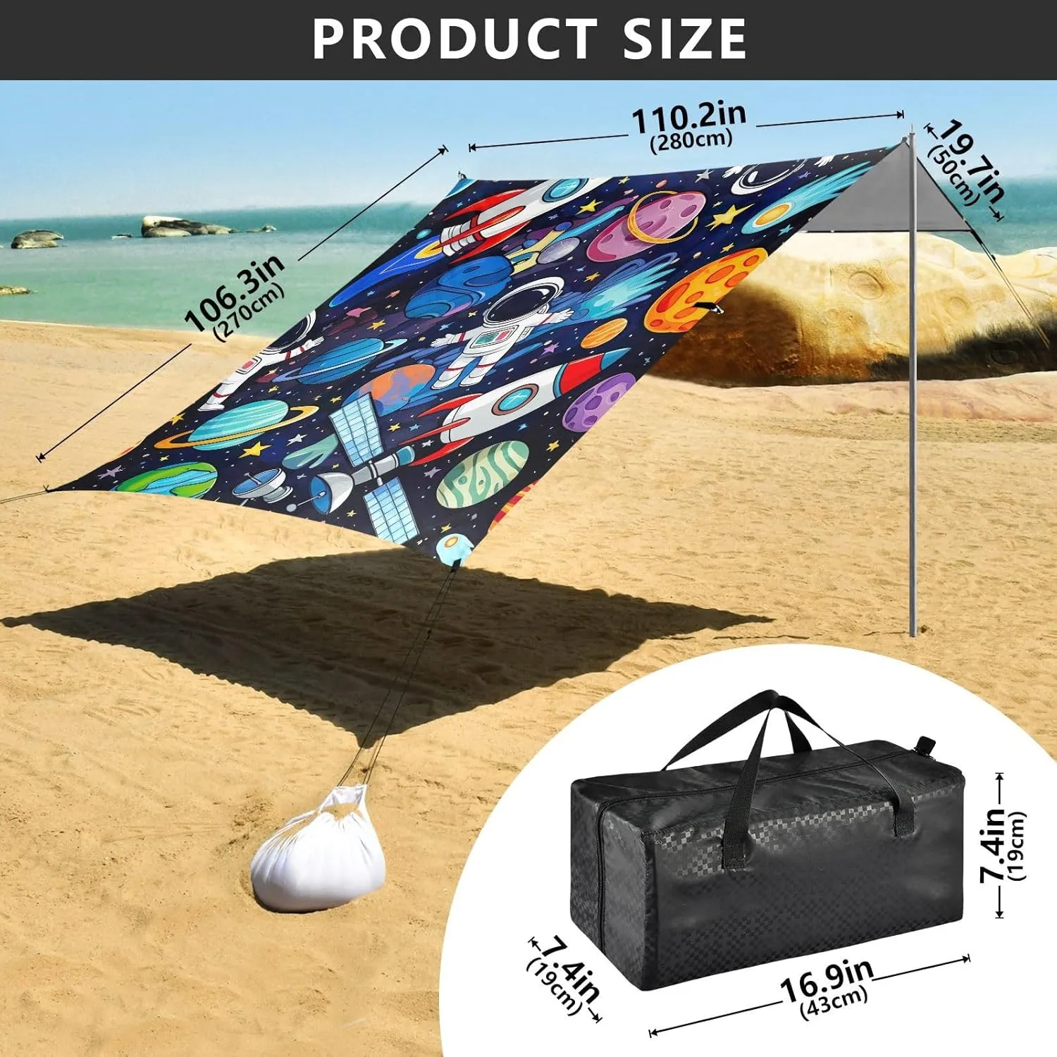 Canopy Tent Beach Outdoor Sun Shade Patio 9.2 × 10.5 FT Colorful Space Planets Astronaut Camping Sun Shelter Print Sunshade with Poles Sand Anchor