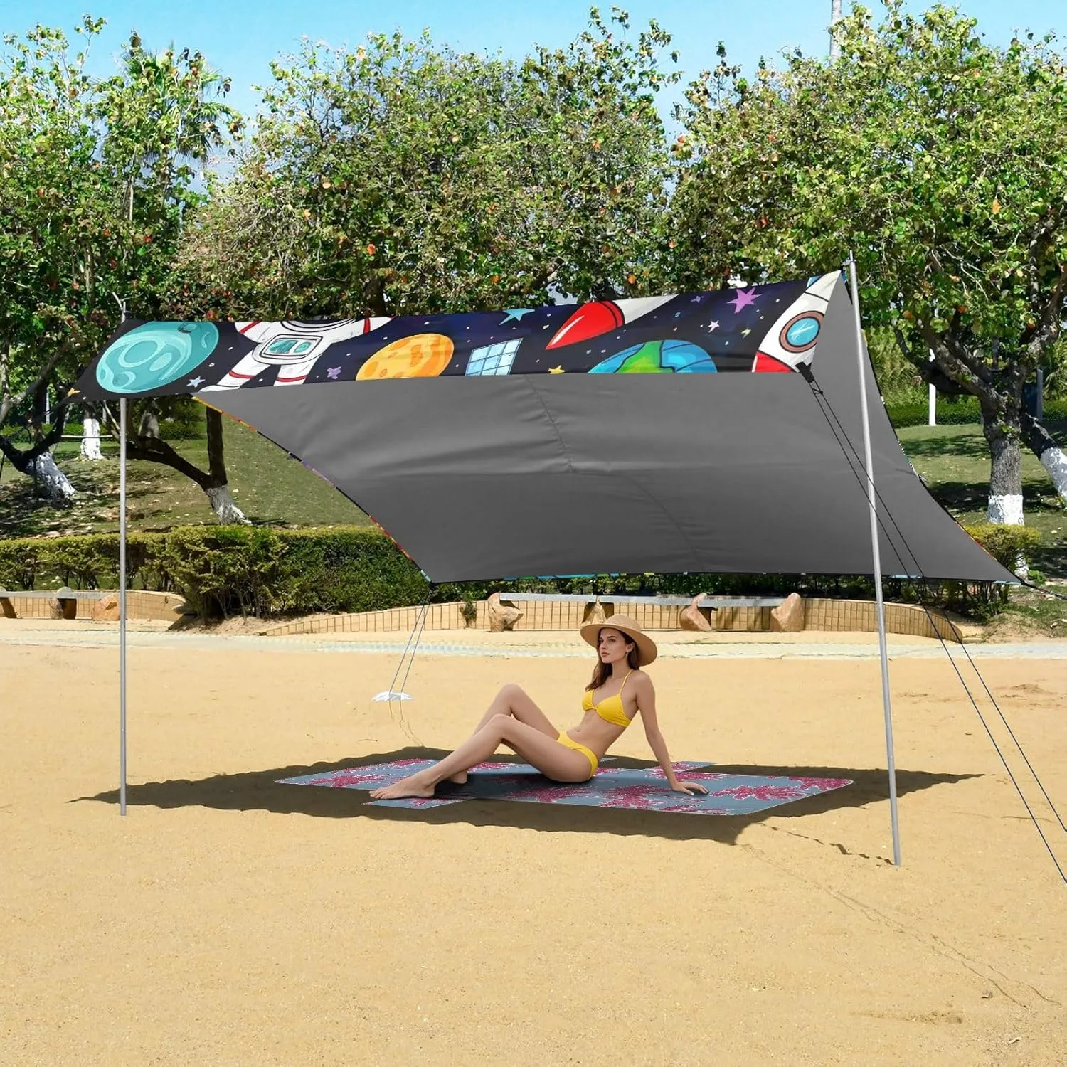 Canopy Tent Beach Outdoor Sun Shade Patio 9.2 × 10.5 FT Colorful Space Planets Astronaut Camping Sun Shelter Print Sunshade with Poles Sand Anchor