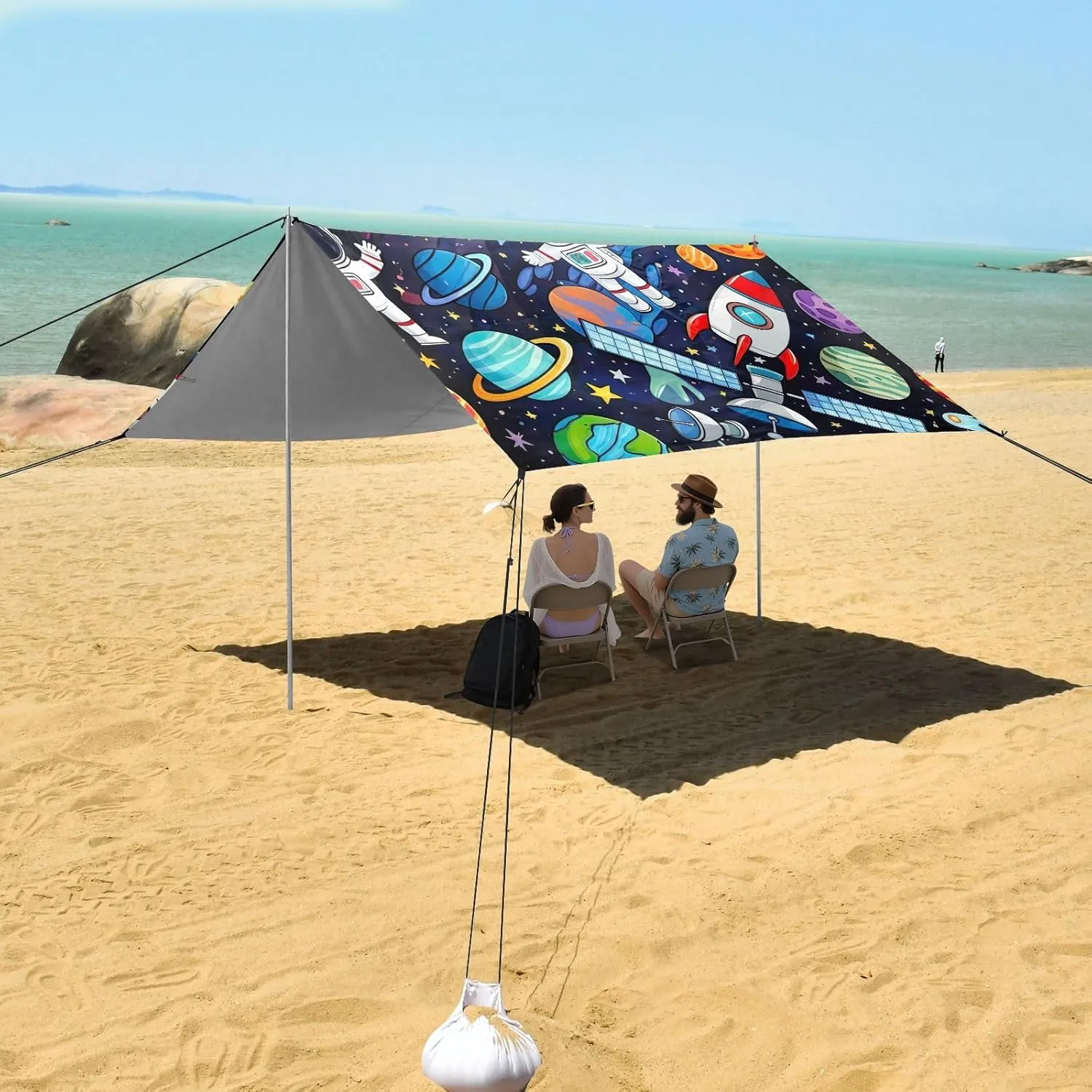 Canopy Tent Beach Outdoor Sun Shade Patio 9.2 × 10.5 FT Colorful Space Planets Astronaut Camping Sun Shelter Print Sunshade with Poles Sand Anchor