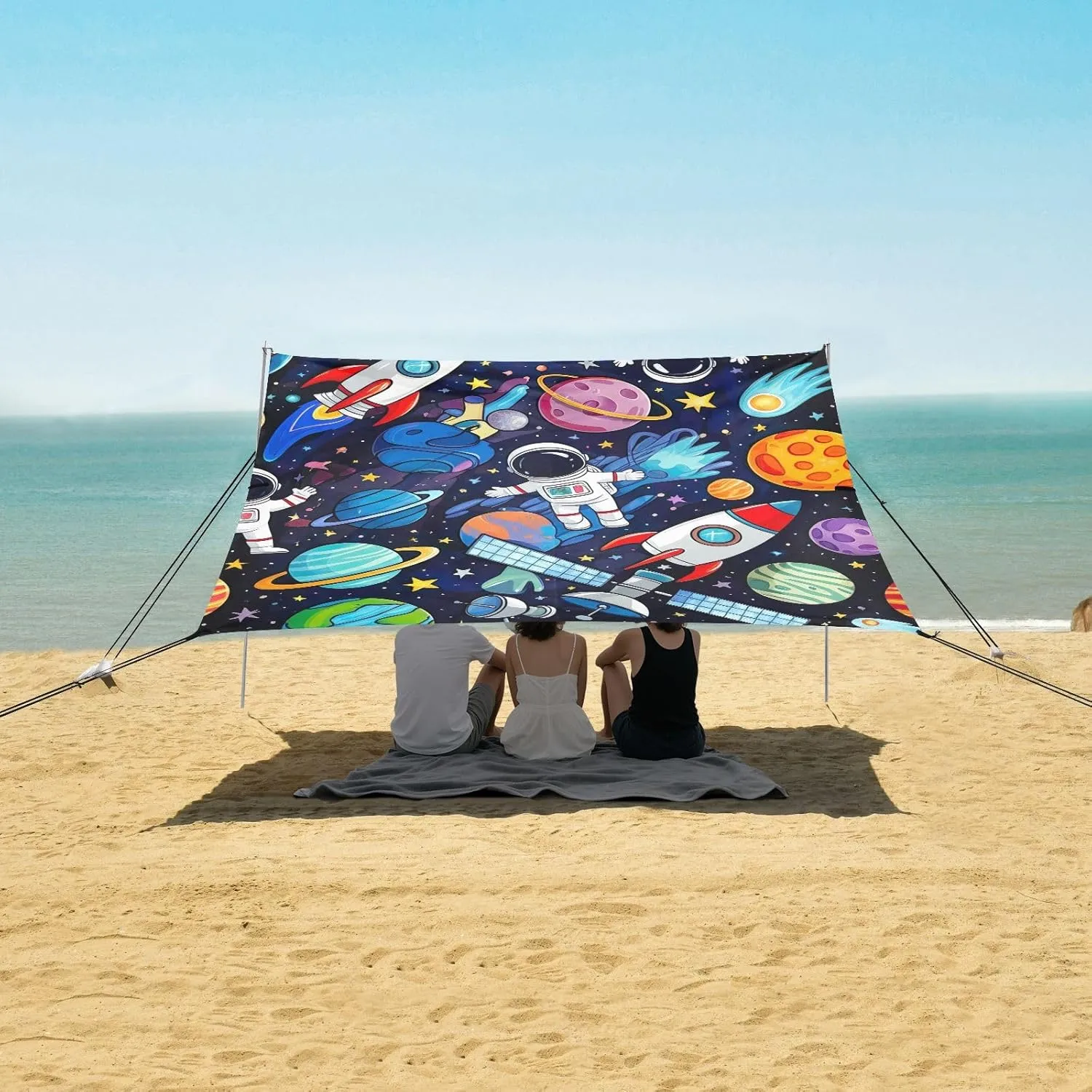 Canopy Tent Beach Outdoor Sun Shade Patio 9.2 × 10.5 FT Colorful Space Planets Astronaut Camping Sun Shelter Print Sunshade with Poles Sand Anchor