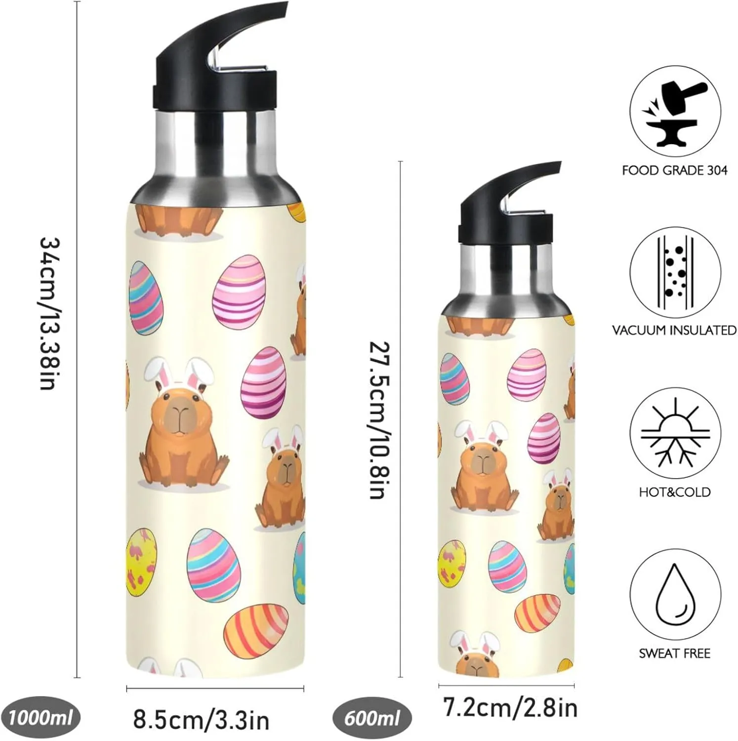 Capybara Sports Water Bottle with Straw, 22oz BPA Free Stainless Steel Vacuum Insulated Bottle for Gym Fitness Outdoor
