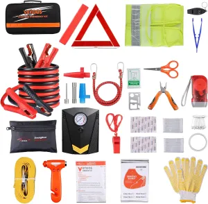 Car Roadside Emergency Kit with Jumper Cables, Auto Vehicle Safety Road Side Assistance Kits, Winter Car Kit for Women and Men, with Portable Air Compressor, First Aid Kit, Tow Rope, Multitool Plier