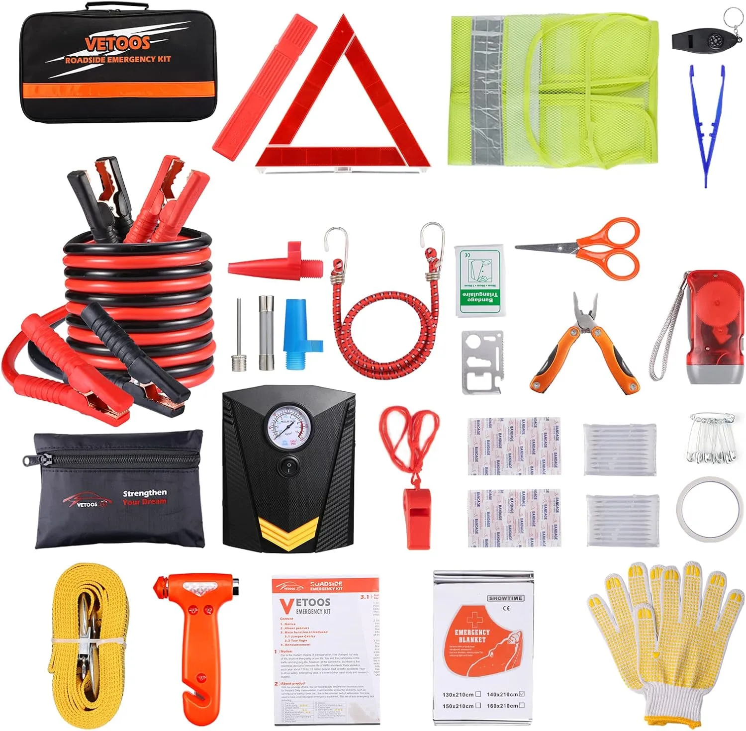 Car Roadside Emergency Kit with Jumper Cables, Auto Vehicle Safety Road Side Assistance Kits, Winter Car Kit for Women and Men, with Portable Air Compressor, First Aid Kit, Tow Rope, Multitool Plier