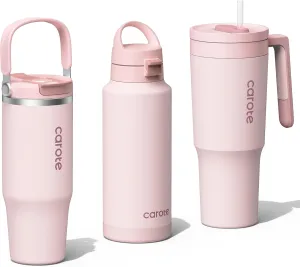CAROTE Tumbler Set of 3, 40oz 32oz 32oz, Stainless Steel Tumbler with Handle, Vacuum Insulated Water Bottle with Lid and Straw, Leakproof, Dishwasher Safe, Pink