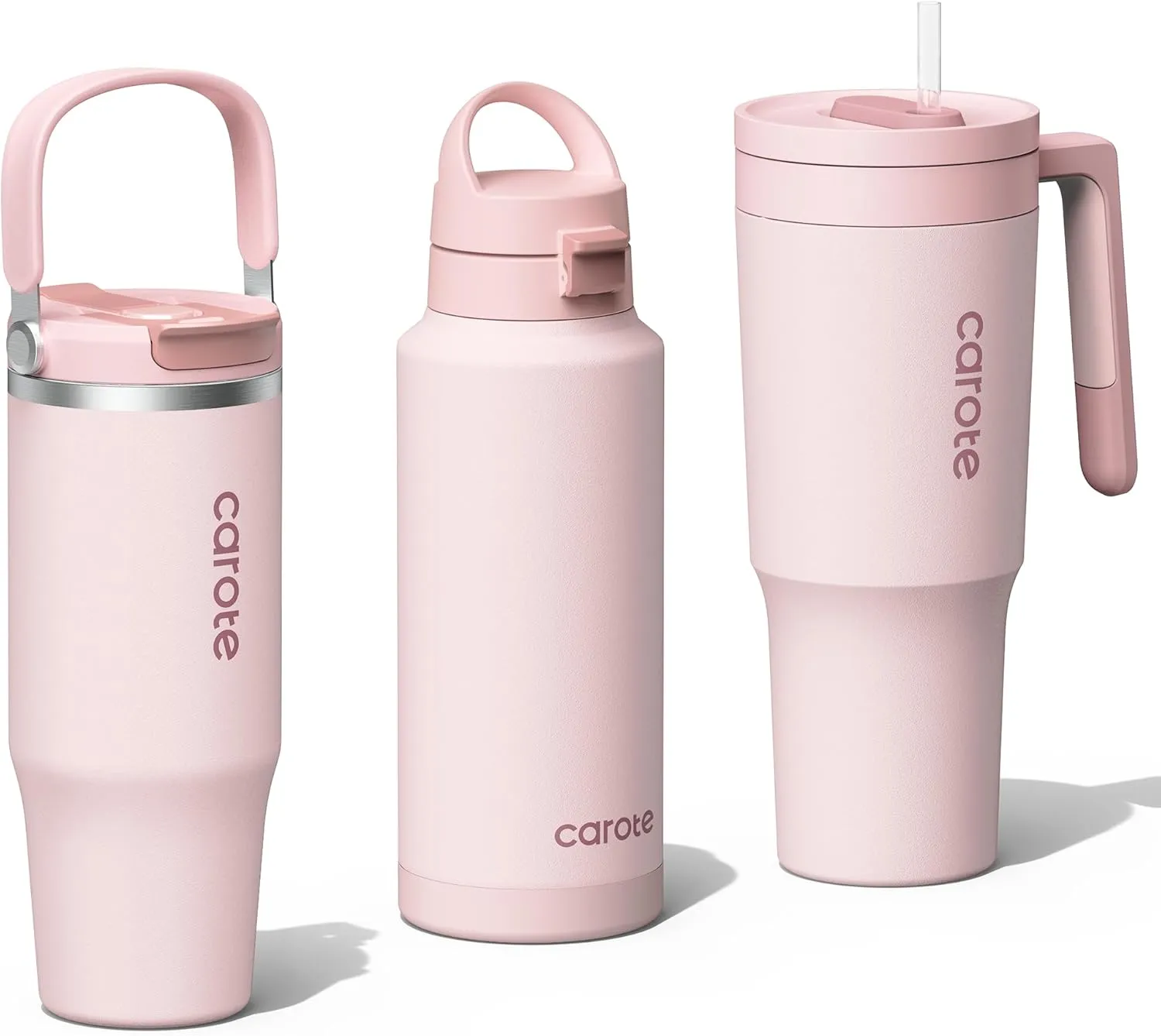 CAROTE Tumbler Set of 3, 40oz 32oz 32oz, Stainless Steel Tumbler with Handle, Vacuum Insulated Water Bottle with Lid and Straw, Leakproof, Dishwasher Safe, Pink