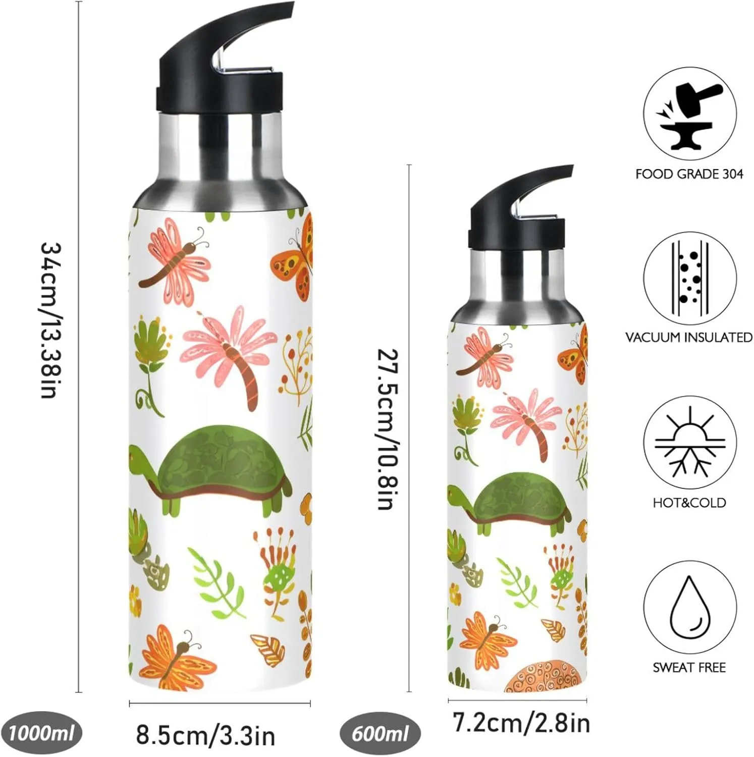 Cartoon Animals Sports Water Bottle with Straw, 22oz BPA Free Stainless Steel Vacuum Insulated Bottle for Gym Fitness Outdoor