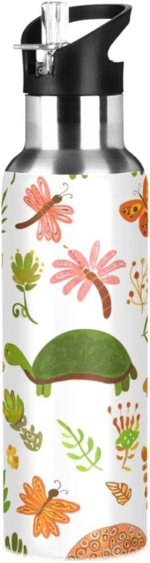Cartoon Animals Sports Water Bottle with Straw, 22oz BPA Free Stainless Steel Vacuum Insulated Bottle for Gym Fitness Outdoor