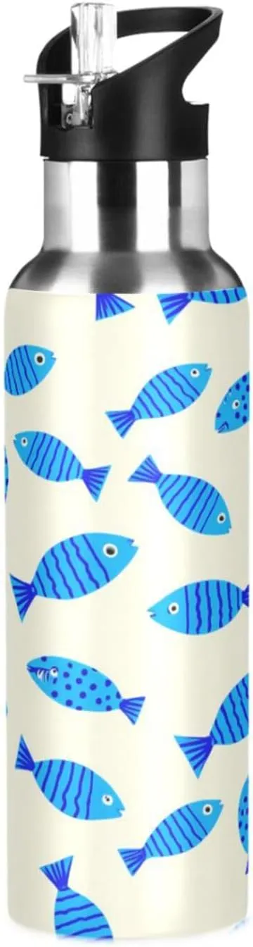 Cartoon Fish Sports Water Bottle with Straw, 22oz BPA Free Stainless Steel Vacuum Insulated Bottle for Gym Fitness Outdoor