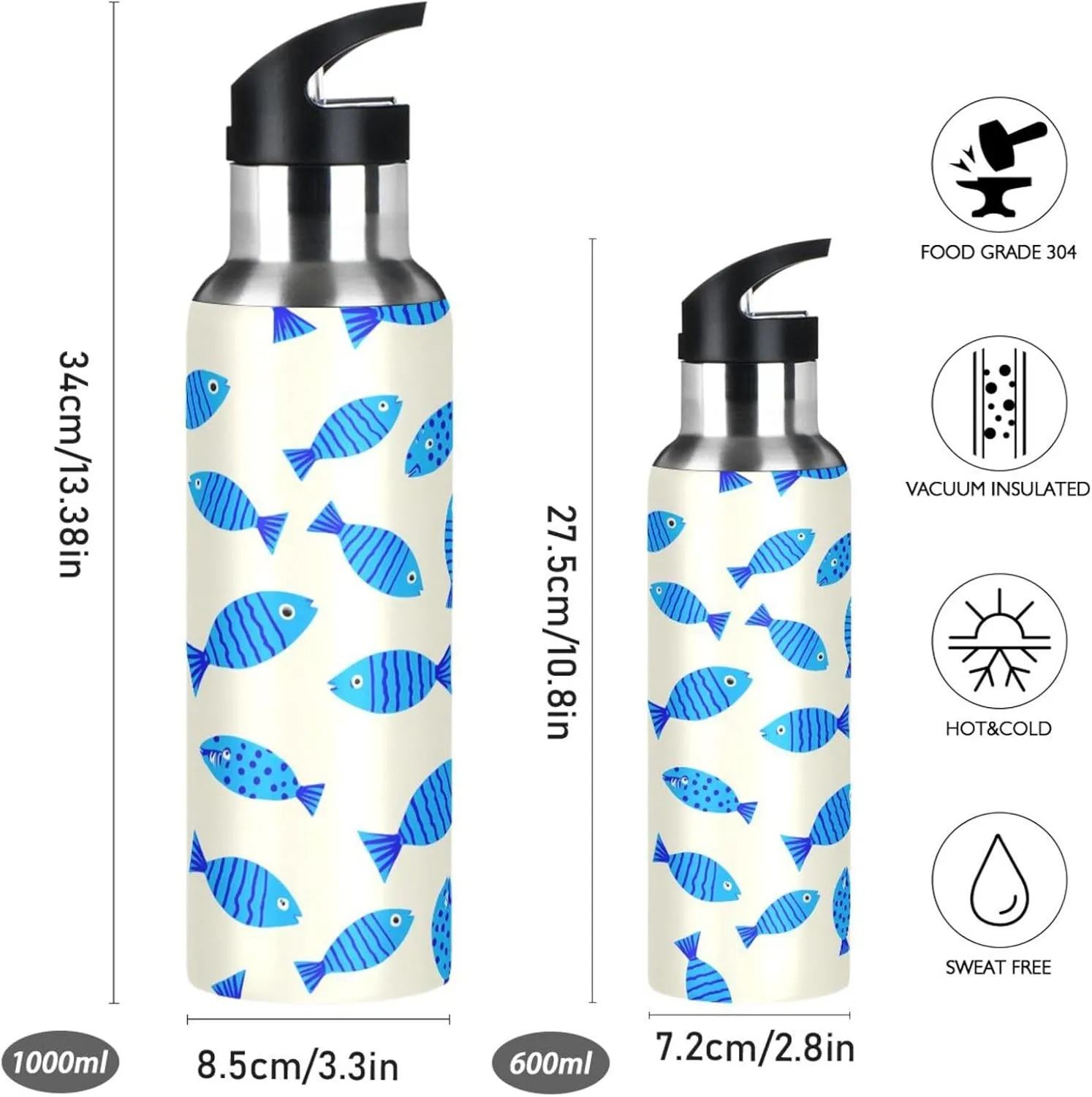 Cartoon Fish Sports Water Bottle with Straw, 22oz BPA Free Stainless Steel Vacuum Insulated Bottle for Gym Fitness Outdoor