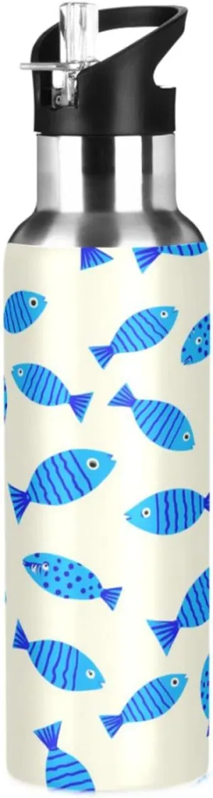 Cartoon Fish Sports Water Bottle with Straw, 22oz BPA Free Stainless Steel Vacuum Insulated Bottle for Gym Fitness Outdoor