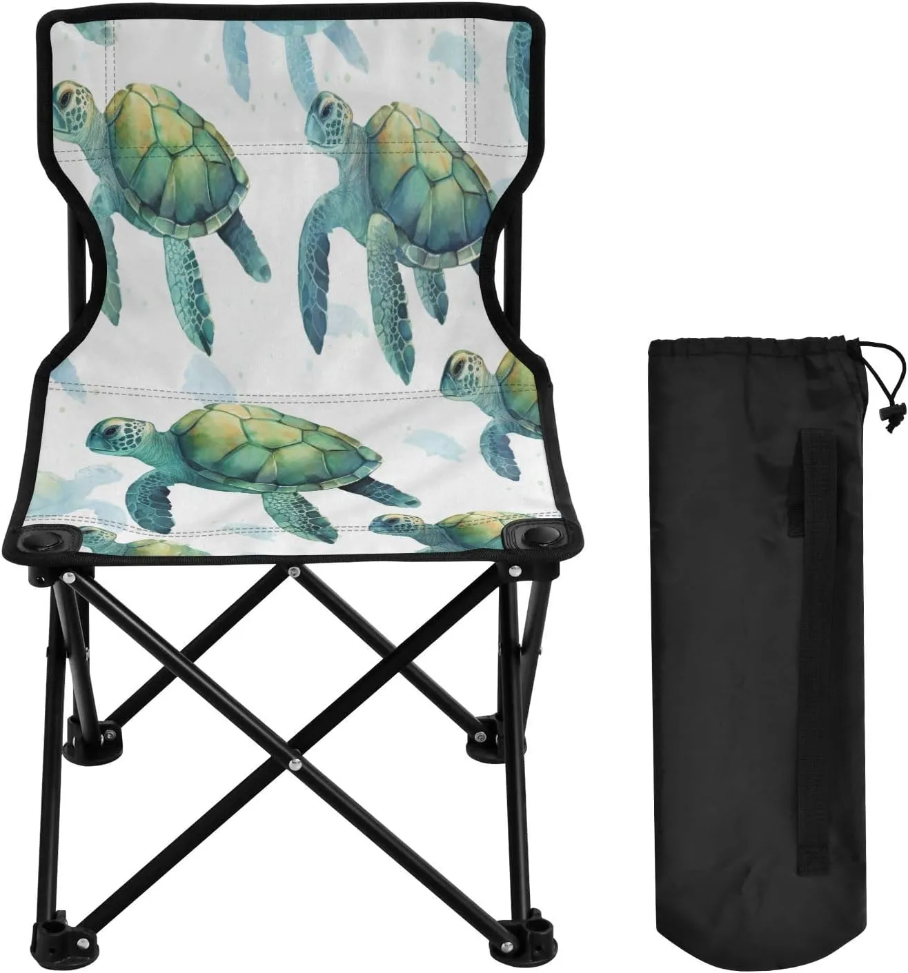 Cartoon Green Turtle Portable Outdoor Folding Chair Anti-Slip Padded Oxford Cloth Stool Camping Chair Small for Beach Hiking Fishing Gardening Quad Camp Chair