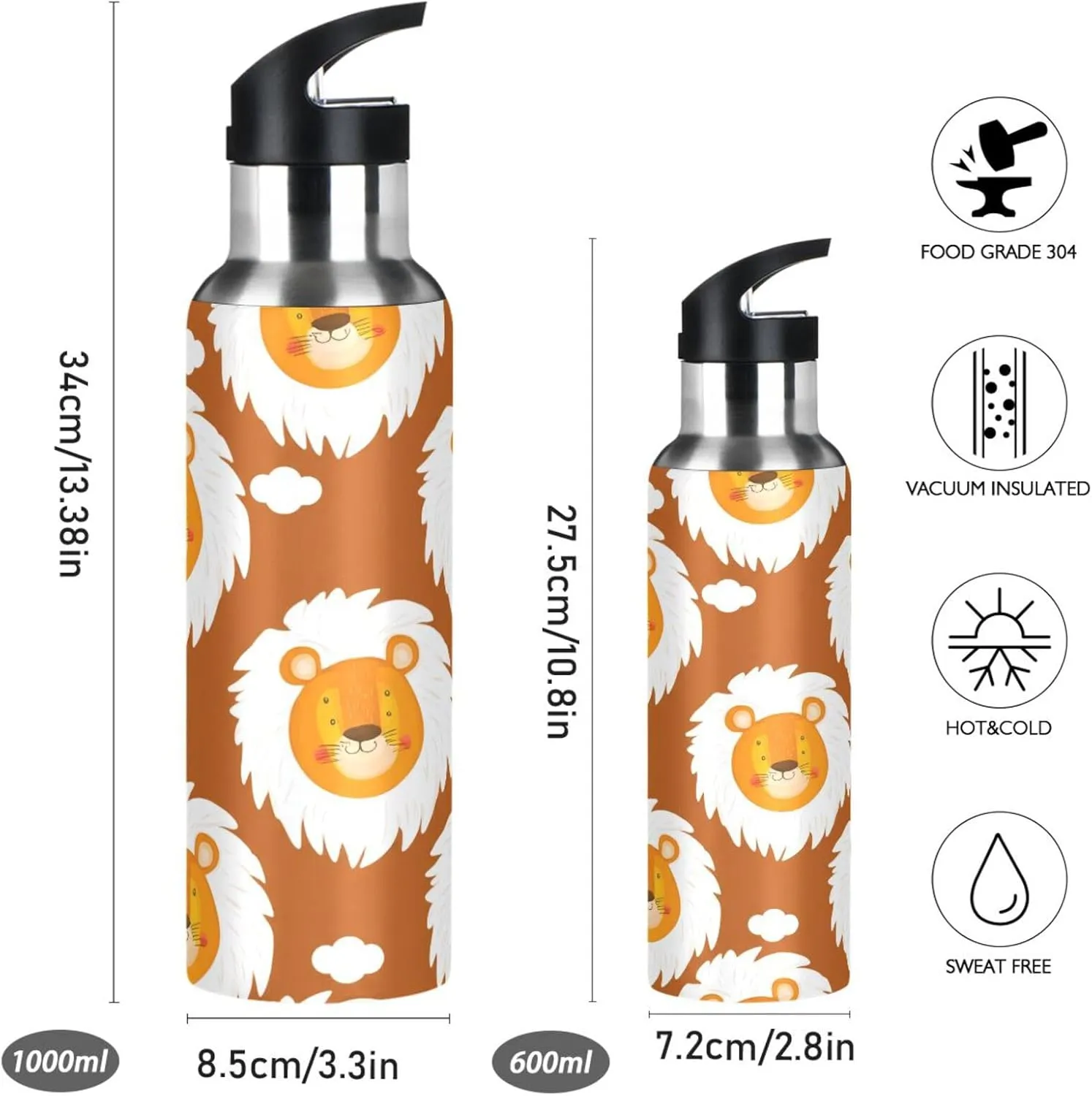 Cartoon Lion Sports Water Bottle with Straw, 22oz BPA Free Stainless Steel Vacuum Insulated Bottle for Gym Fitness Outdoor