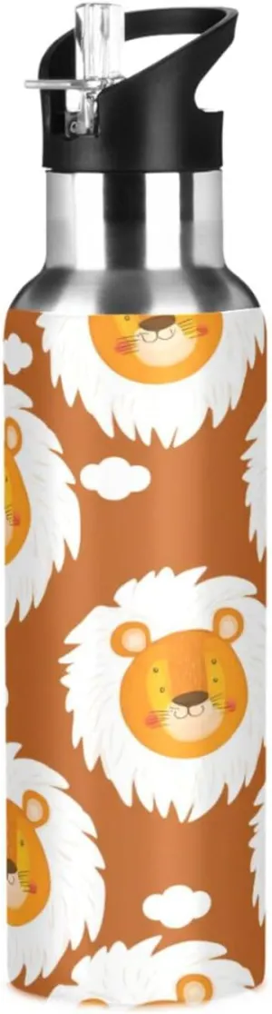 Cartoon Lion Sports Water Bottle with Straw, 22oz BPA Free Stainless Steel Vacuum Insulated Bottle for Gym Fitness Outdoor