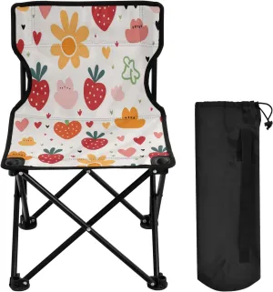 Cartoon Strawberry Flower Portable Outdoor Folding Chair Anti-Slip Padded Oxford Cloth Stool Camping Chair Small for Beach Hiking Fishing Gardening Quad Camp Chair