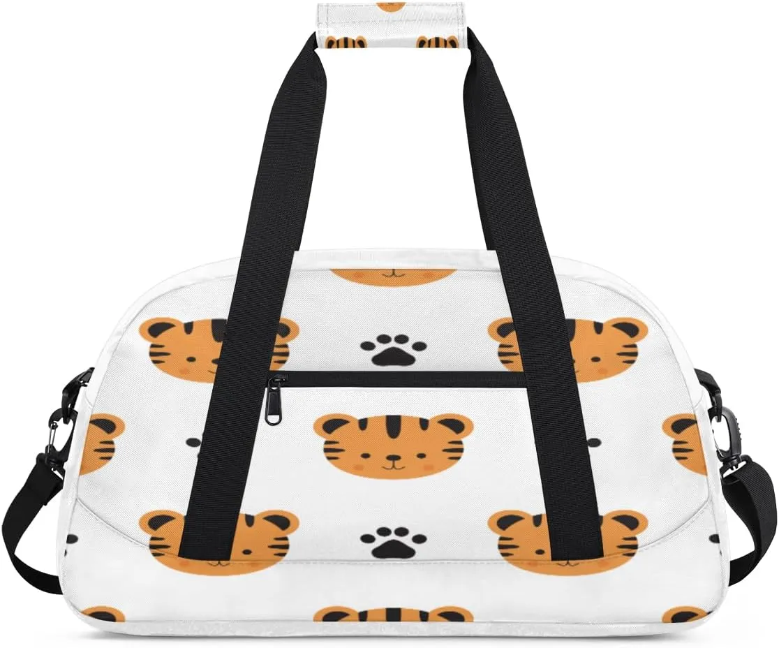 Cartoon Tiger Gym Duffel Bag for Men Women Animal Footprints Sports Tote Bag with Adjustable Shoulder Strap for Dance Gymnastics Traveling Outdoor Camping Overnight Stay