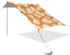 Cartoon White Lilies Yellow Beach Tent UPF50  Protection Easy Setup Outdoor Sun Shade with Sandbags & Sand Shovel for Camping, Picnics, Backyard