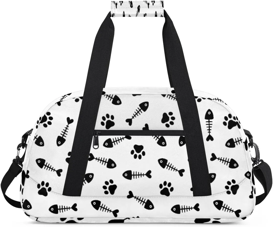 Cat Paw Print Gym Duffel Bag for Men Women Fish Bone Pattern Sports Tote Bag with Adjustable Shoulder Strap for Dance Gymnastics Traveling Outdoor Camping Overnight Stay