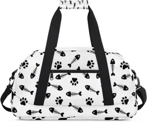 Cat Paw Print Gym Duffel Bag for Men Women Fish Bone Pattern Sports Tote Bag with Adjustable Shoulder Strap for Dance Gymnastics Traveling Outdoor Camping Overnight Stay