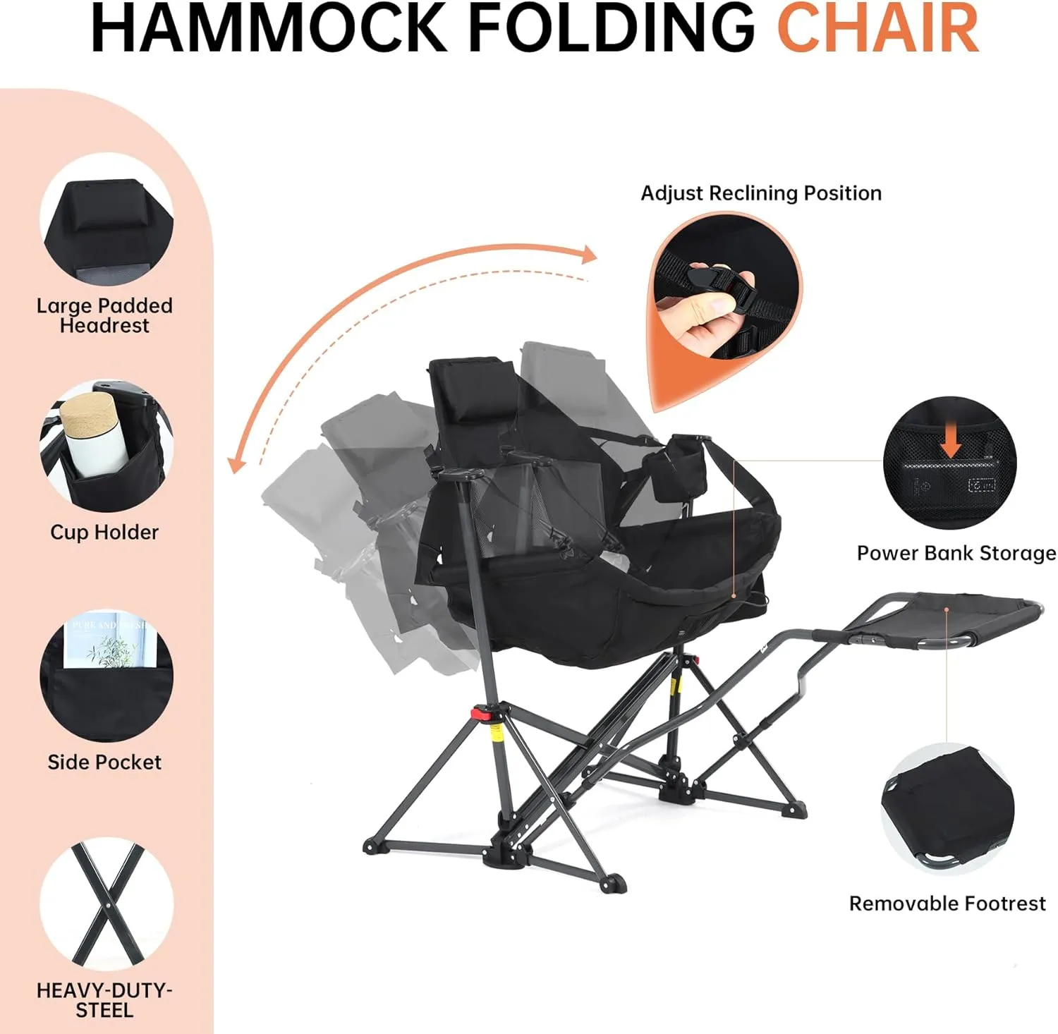 CDEN Heated Hammock Chair with Footrest, Heated Camping Chair, Swinging Chair, Heavy Duty, with Stand, Cup Holder, Side Bag, Power Bank Included, for Patio, Camping, Backyard (1 Pack)