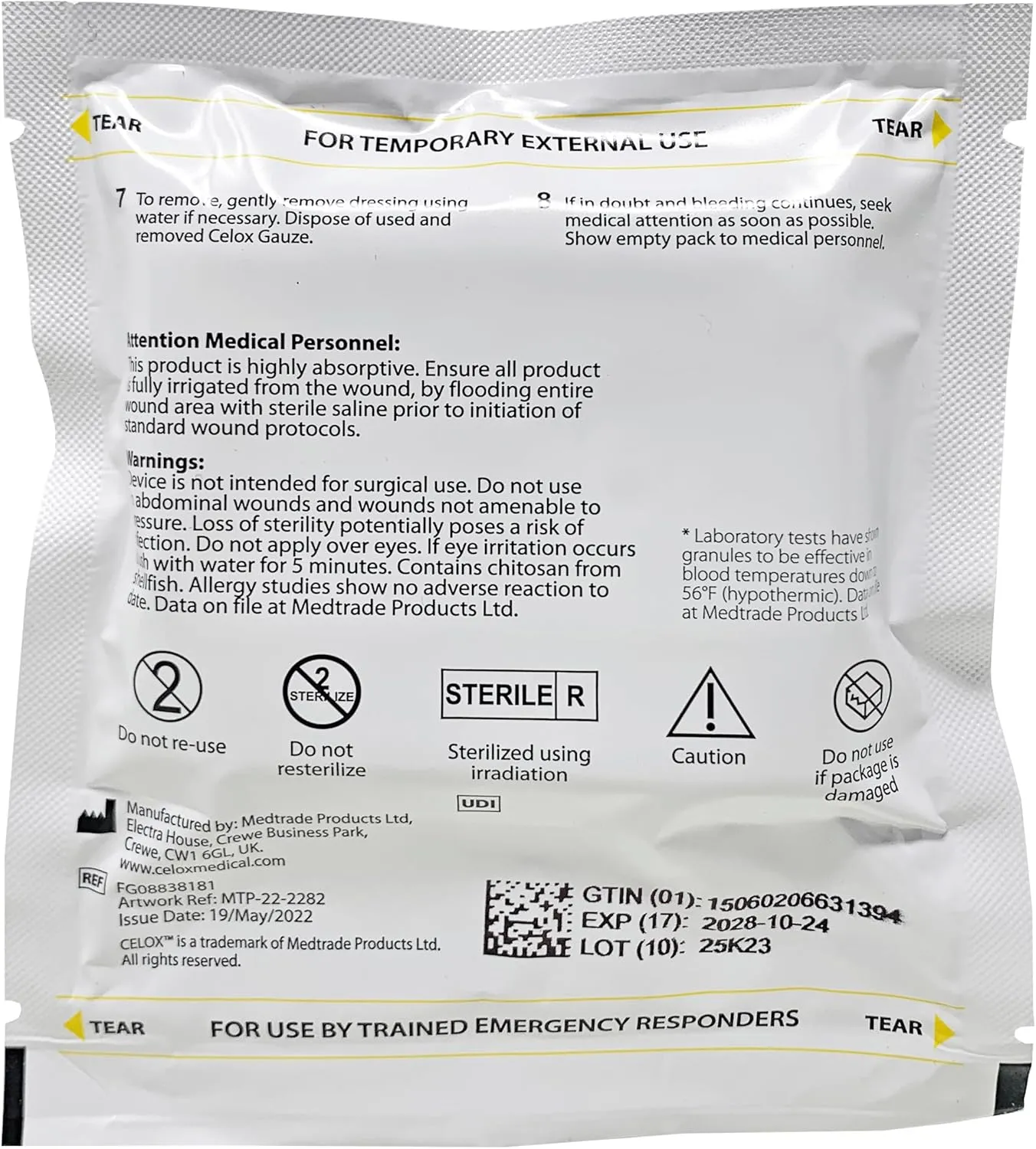 Celox 3" x5' Z-Fold First Aid Emergency Trauma Gauze Stops Bleeding Fast, Must Have for Emergency Preparedness. Approved by Department of Defense for National Stop The Bleed Program