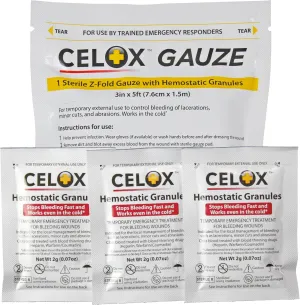 Celox Hemostatic Z-Fold Gauze & Celox Granules First Aid Bundle Emergency Trauma Kit Supplies for Home, Office, Travel, car and All Sports.
