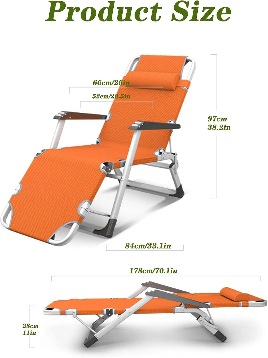 Chair Oversized Outdoor Chairs Patio Lounge Folding Adjustable Chair with Padded Headrest for Camping Lawn Beach Poolside & Yard,Support 440lbs (Recliner