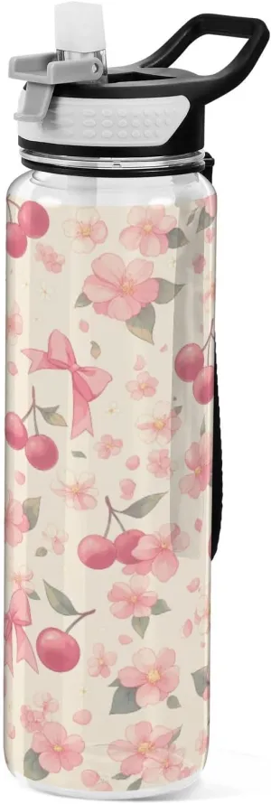 Cherry with Bow Sports Water Bottle 32oz with Straw Lid - BPA Free Tritan Reusable Water Bottles for Gym, Hiking & Outdoor Activities（400）