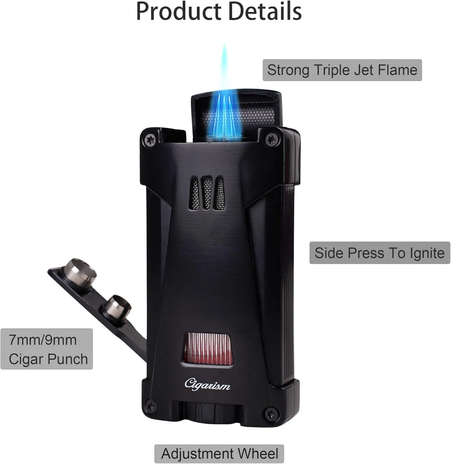 Cigar Lighter Triple Jet Flame Torch Lighter, Built-in 2 Cigar Punches, Windproof Concentrated Flames (Black)