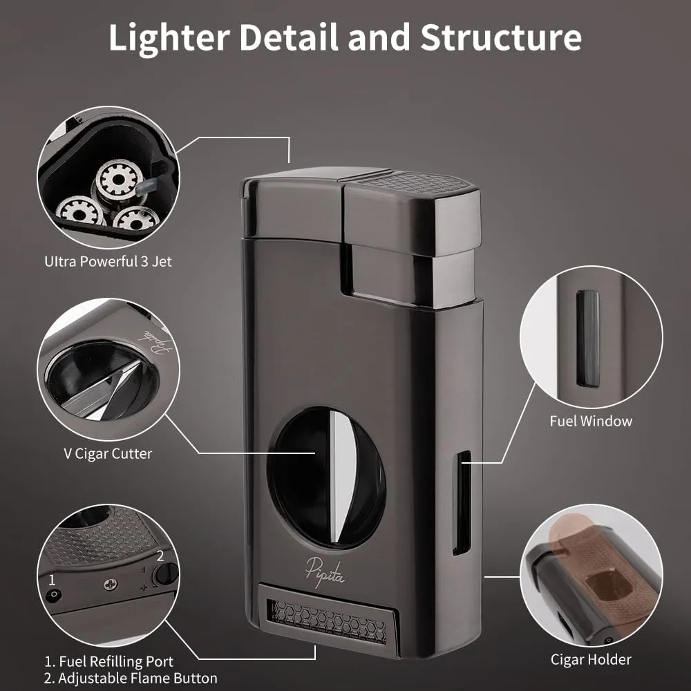 Cigar Torch Lighter, Triple Jet Flame Refillable Butane Lighters with Cigar Cutter V Cut, Cigar Holder, Windproof Butane Lighters (1, Black)