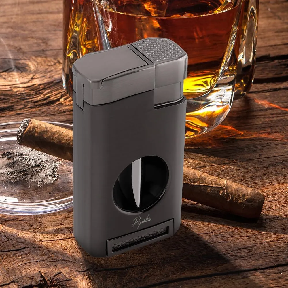 Cigar Torch Lighter, Triple Jet Flame Refillable Butane Lighters with Cigar Cutter V Cut, Cigar Holder, Windproof Butane Lighters (1, Black)