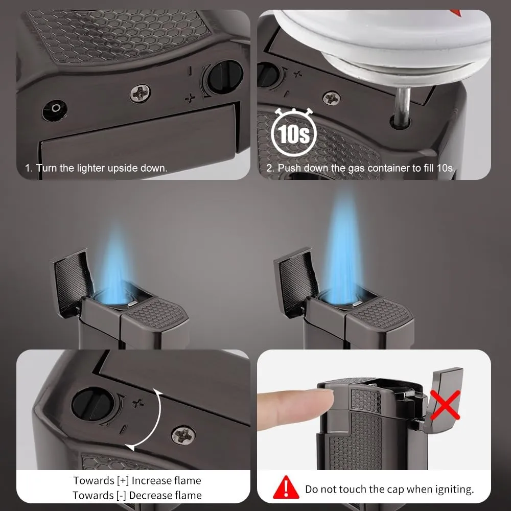 Cigar Torch Lighter, Triple Jet Flame Refillable Butane Lighters with Cigar Cutter V Cut, Cigar Holder, Windproof Butane Lighters (1, Black)