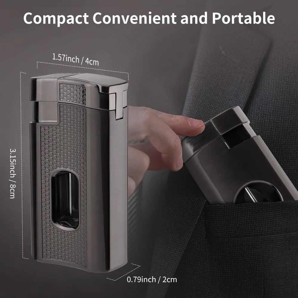 Cigar Torch Lighter, Triple Jet Flame Refillable Butane Lighters with Cigar Cutter V Cut, Cigar Holder, Windproof Butane Lighters (1, Black)