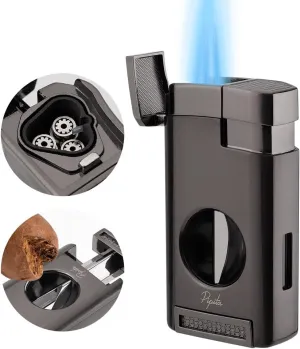 Cigar Torch Lighter, Triple Jet Flame Refillable Butane Lighters with Cigar Cutter V Cut, Cigar Holder, Windproof Butane Lighters (1, Black)