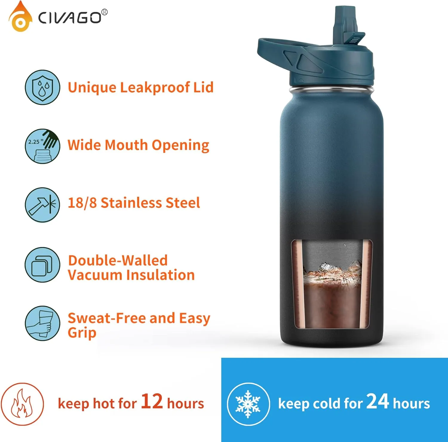 CIVAGO 32 oz Insulated Water Bottle With Straw, Stainless Steel Sports Water Cup Flask with 3 Lids (Straw, Spout and Handle Lid), Wide Mouth Travel Thermal Mug, Army Green
