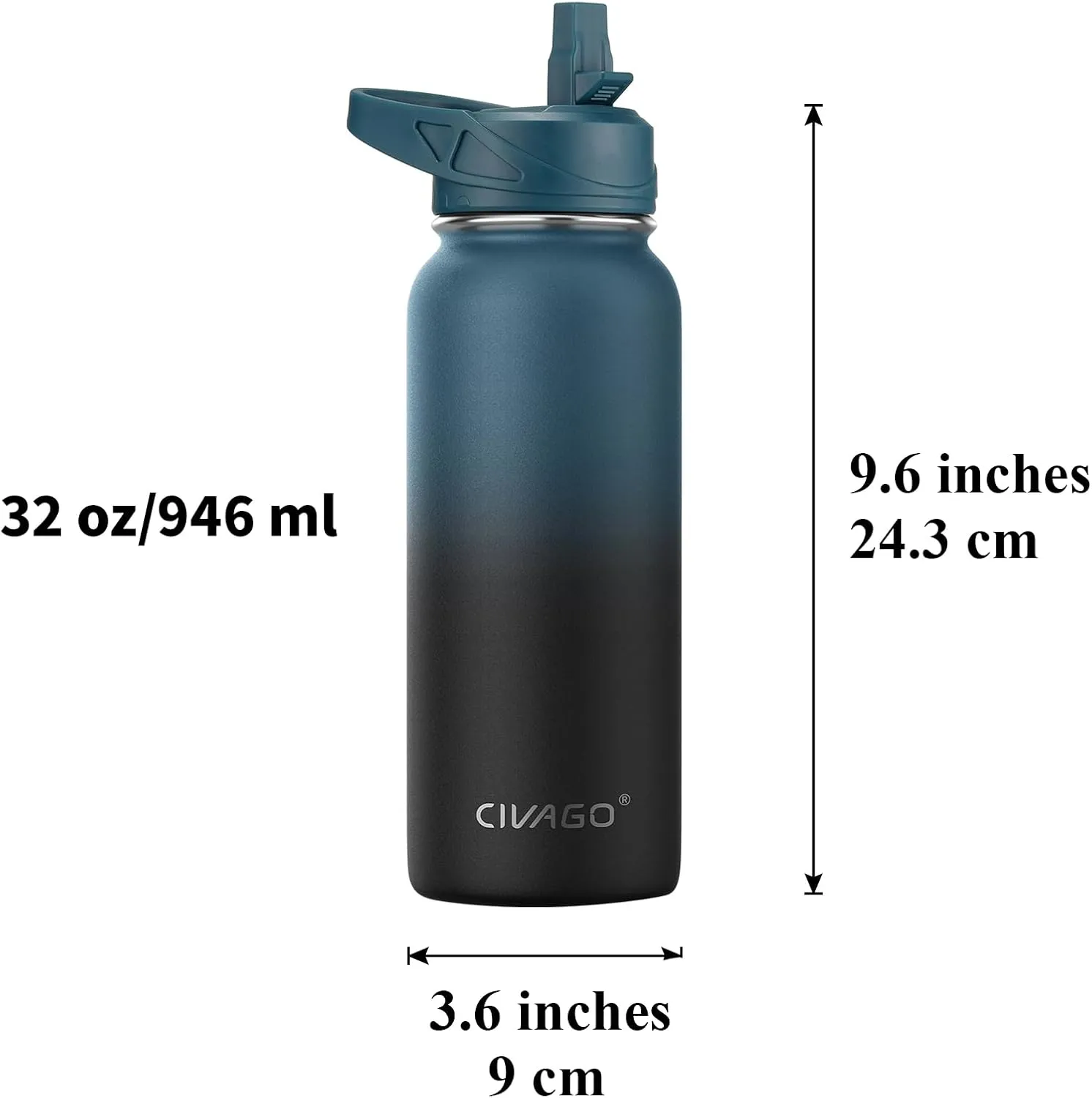 CIVAGO 32 oz Insulated Water Bottle With Straw, Stainless Steel Sports Water Cup Flask with 3 Lids (Straw, Spout and Handle Lid), Wide Mouth Travel Thermal Mug, Army Green
