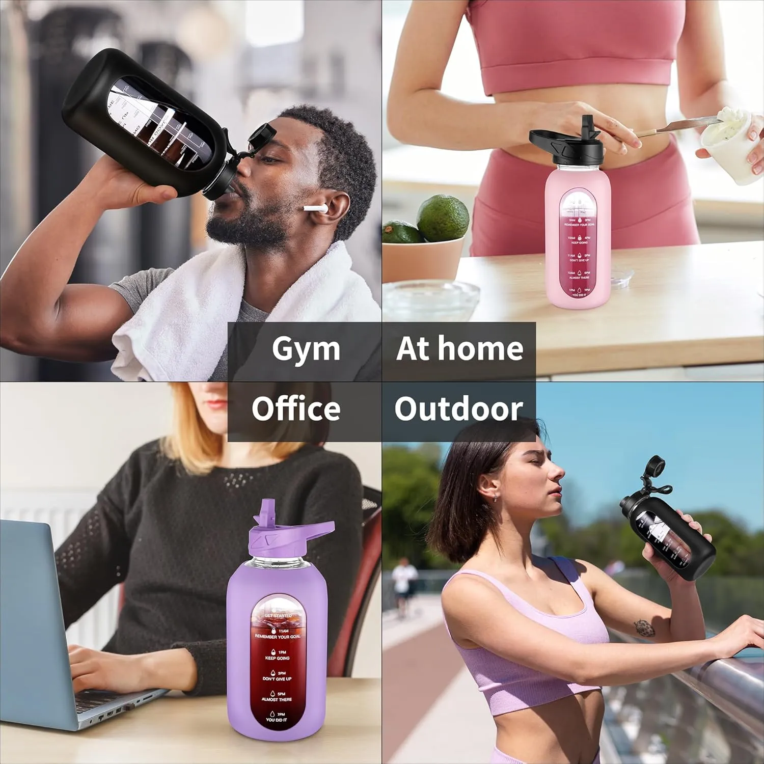 CIVAGO 40 oz Glass Water Bottle with Straw and Handle, Large Sports Motivational Water Bottle Flask with Time Marker and 2 Lids, Leakproof Water Jug Canteen with Silicone Sleeve for Gym,Sage